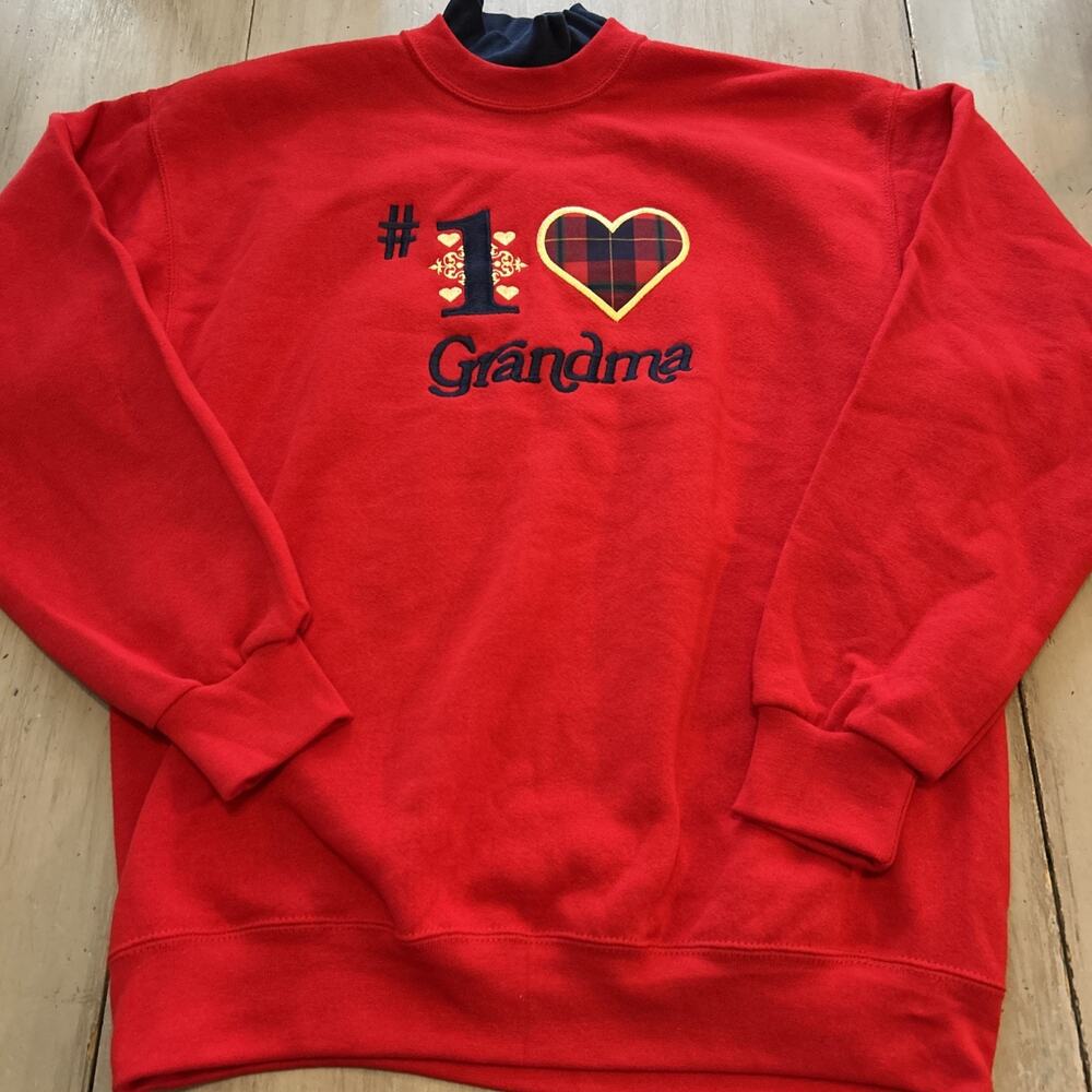 Vtg Endless Designs Red Navy #1 Grandma Mock Neck Sweatshirt Sz L Granny Kitschy